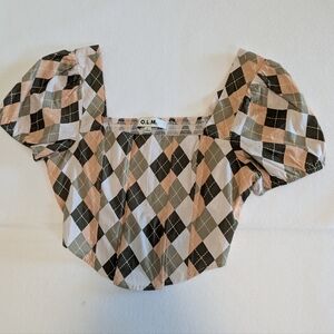 OLM Argyle Crop Blouse Cap Sleeves Large Preppy School College top Corset